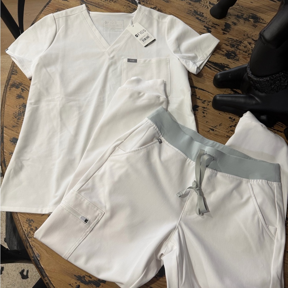 White V-Neck Scrub Top and Pants Set